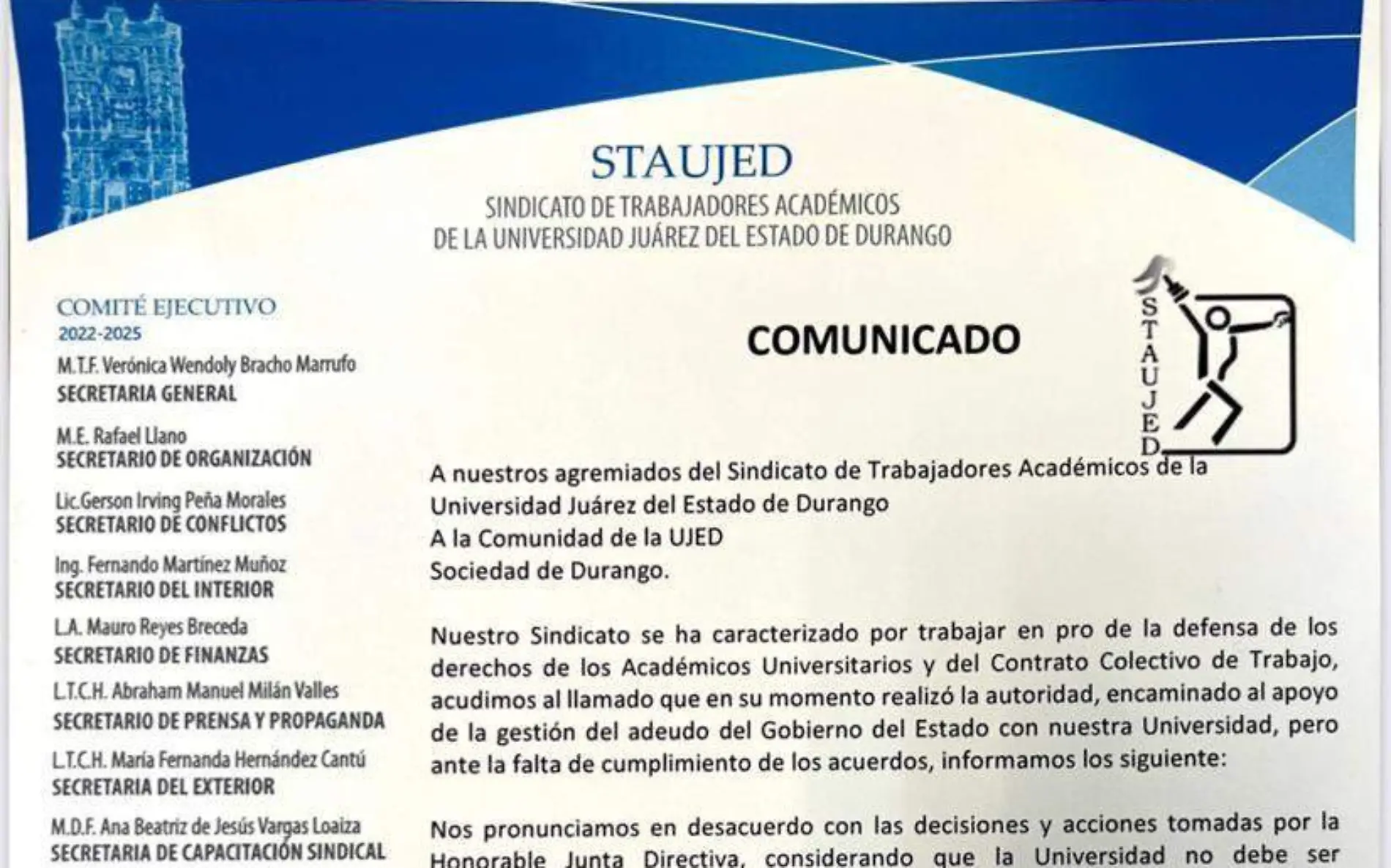 Comunicado rechaza STAUJED cancelación de paro en la UJED